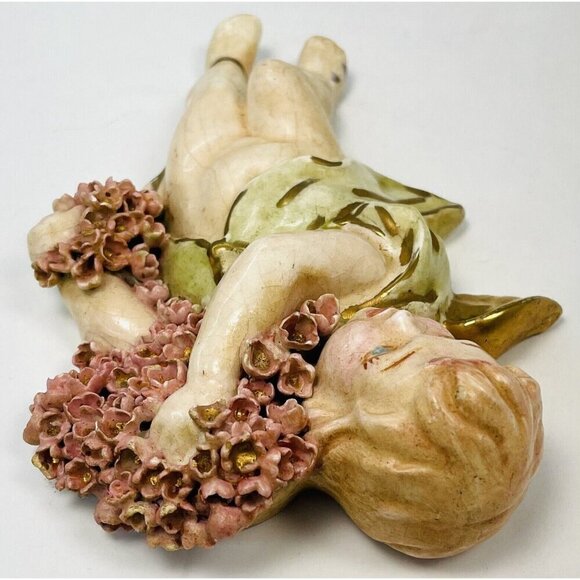 Antique 7.5" Porcelain Wall-Mount Hand Painted Gilt ANGEL Cherub w/ Flowers EUC - Picture 2 of 3
